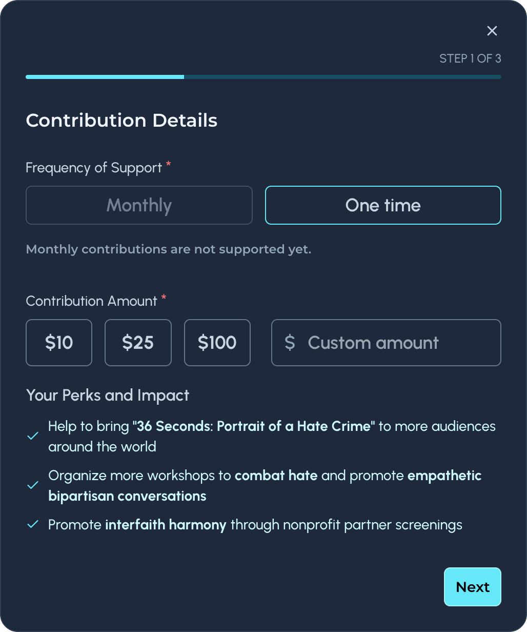 Contribution dialog showing donation options and impact details