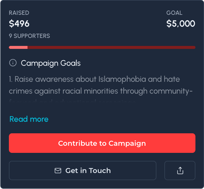 36 Seconds campaign aside card showing amount raised, campaign goals, and CTA buttons